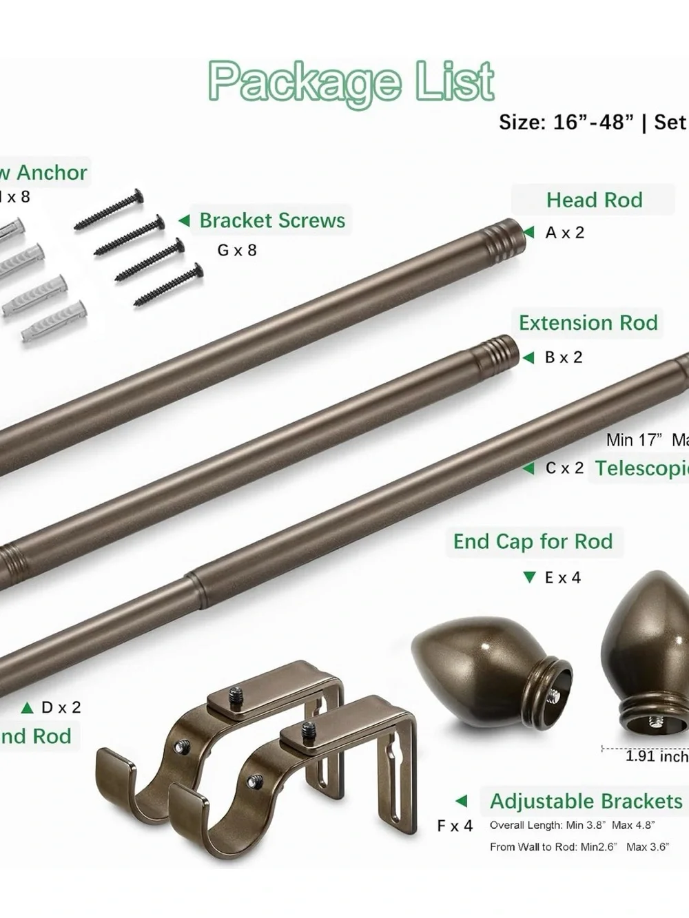 Windows 16 to 48 inches, Curtain Rod Max Adjustable Length to 60 in
